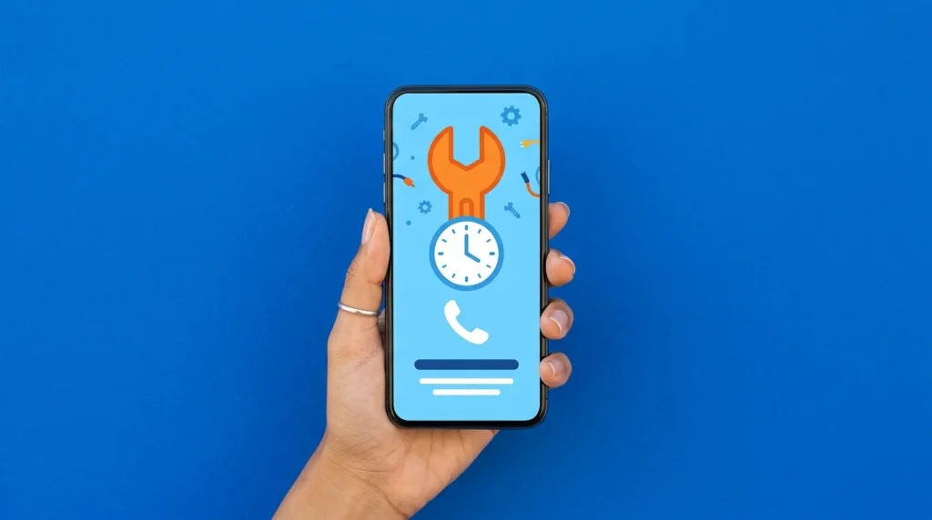 Ejemplo de mensaje de página web en mantenimiento con hora de vuelta y teléfono de contacto.