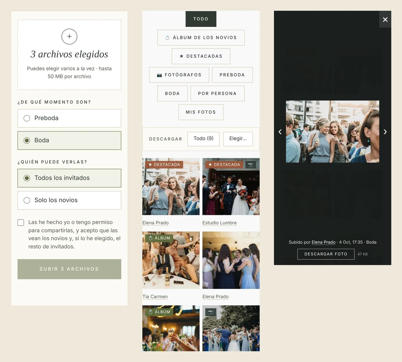 Gestor de subida de fotos de boda en el móvil del invitado, con galería y vista a pantalla completa