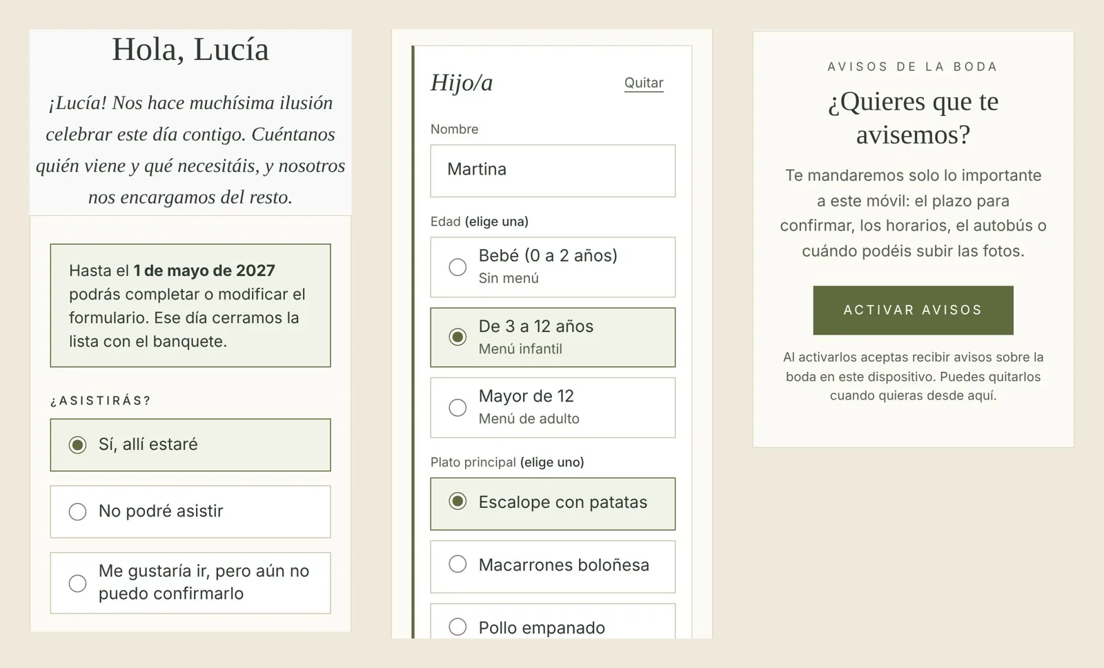 Invitación personal de una web de bodas con confirmación de asistencia